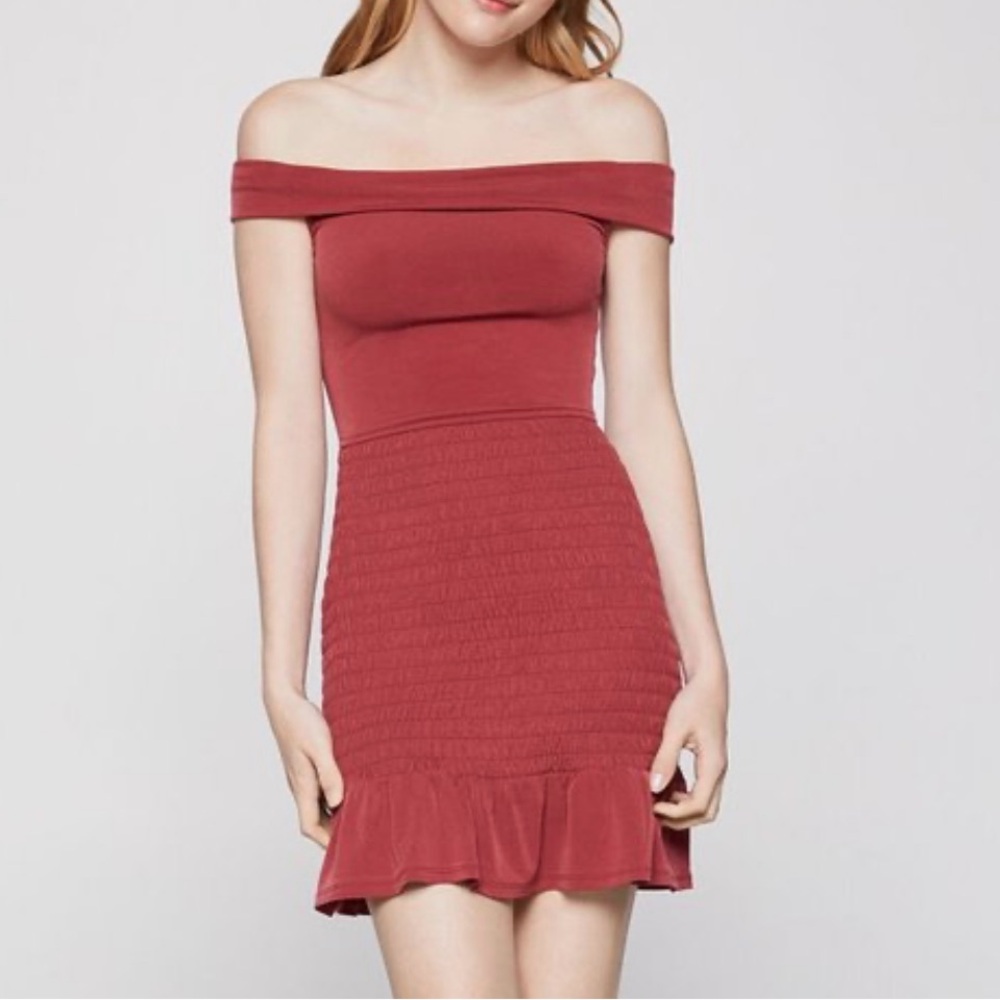 BCBG Generation off the shoulder smocked ruched ruffled mini cocktail dress